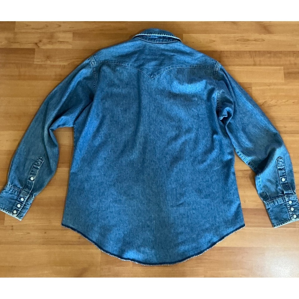 Wrangler USA Made Denim Western Snap Shirt Mens 17 35 XL Tall Blue Pearl Snap - Picture 3 of 8